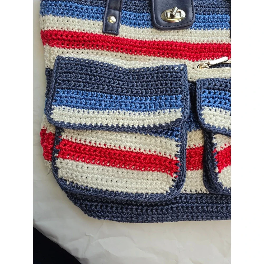 Unbranded Crochet Tote Bag Women Large Multicolor Nautical Striped Excellent